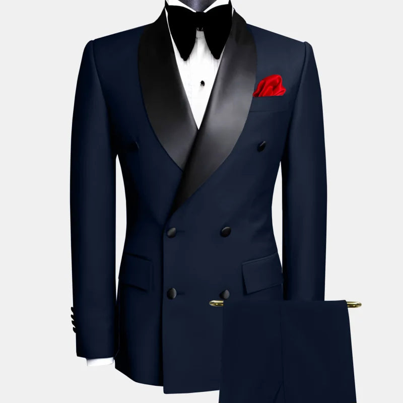 Veste et pantalon noirs trempés à double bouton pour hommes, revers noir, mariage, marié, affaires, anniversaire, banquet, travail, 2 pièces