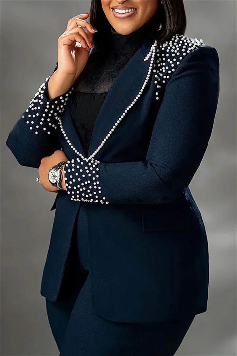 Blazer et pantalon à jambes larges pour femmes, ensembles assortis, manteau en perles d'affaires, olympiques formels élégants, luxe, dame de bureau, club, ensemble de 2 pièces