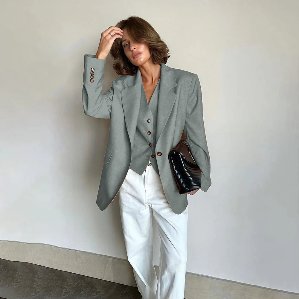 Slim Fit Women's Suits Linen Three Pieces Pant Sets High-end Single Button Notch Lapel Blazer Elegant Daily Business Office Wear