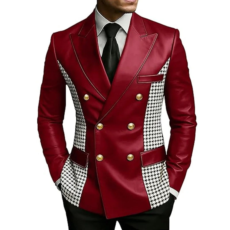 Blazer en cuir marron pour homme avec côtés à motif pied-de-poule, vintage, bicolore, double boutonnage, coupe ajustée, boutons dorés, veste de smoking en cuir
