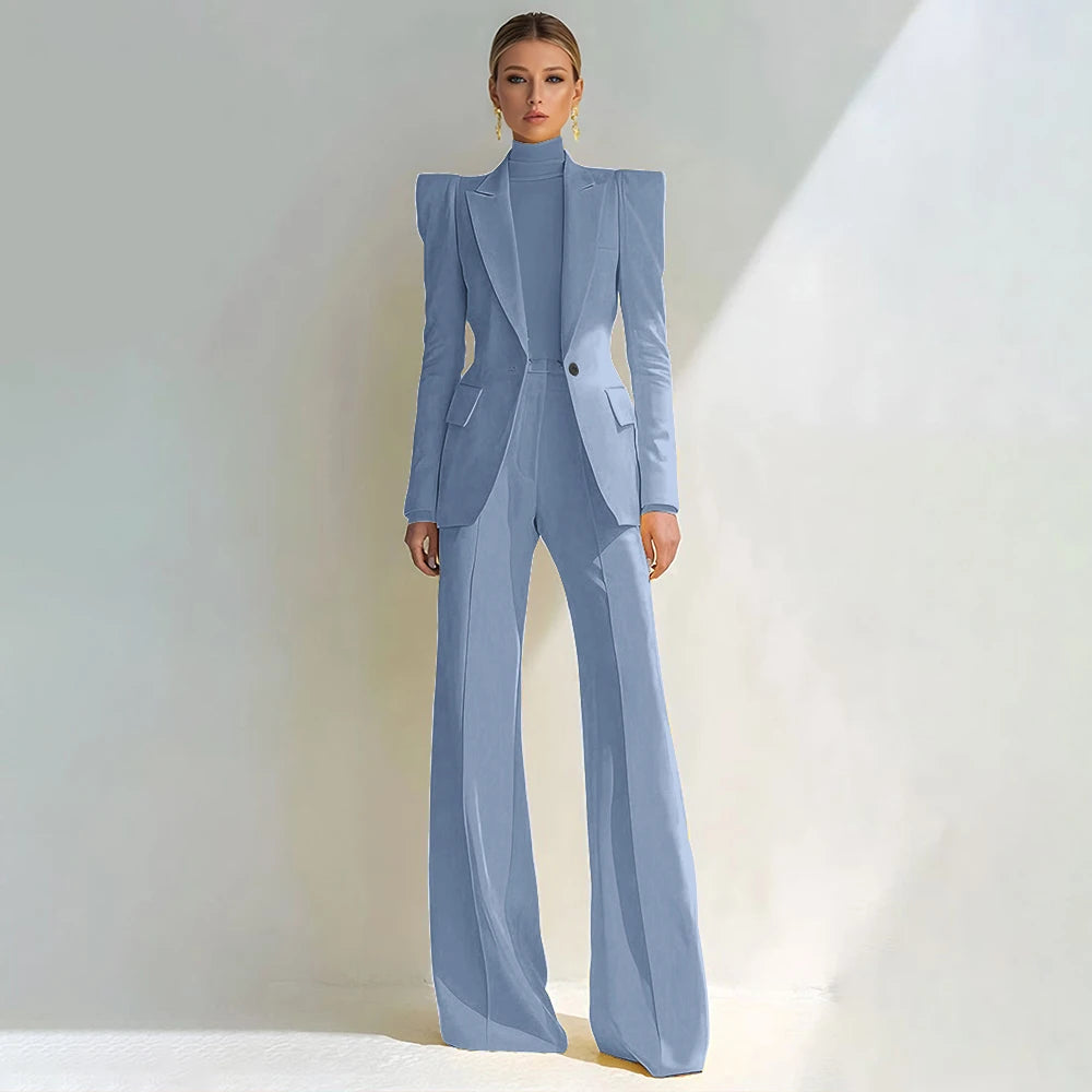 Costume rouge professionnel pour femmes, revers à pointe, bouton unique, Blazer élégant et pantalon évasé, ensemble 2 pièces, vêtements de bureau formels
