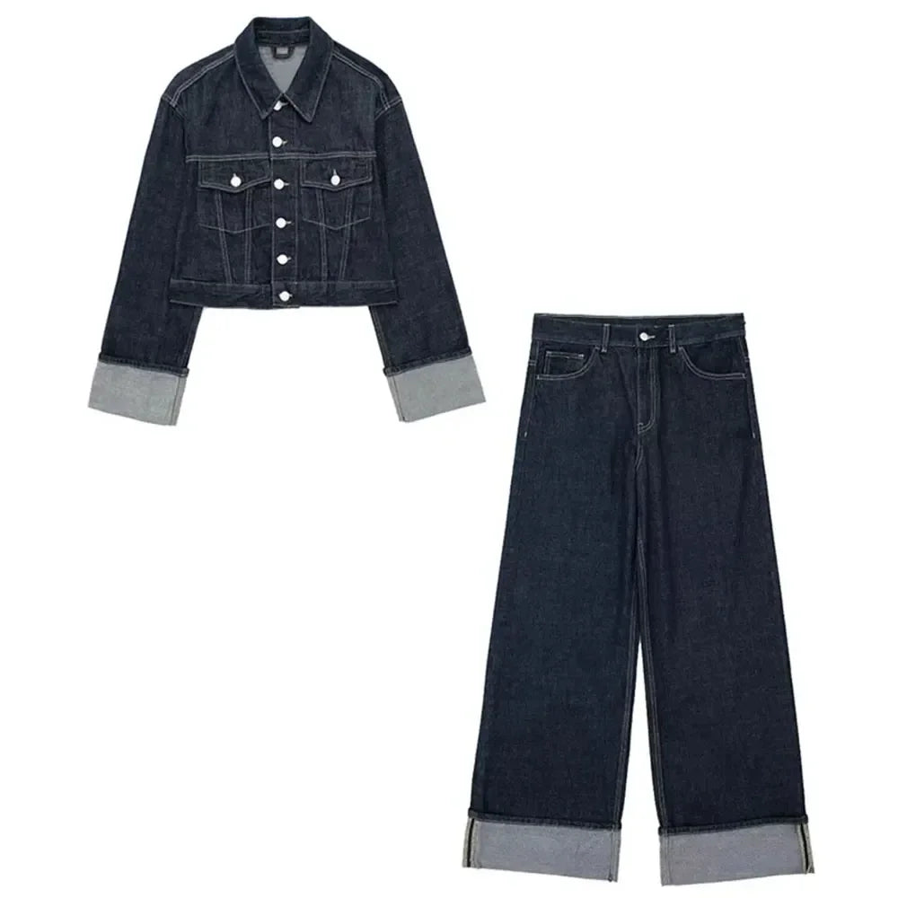 Veste en jean à simple boutonnage pour femme, pantalon taille haute, pantalon large à fermeture éclair, mode rétro, imbibé, épissage, poche, ensemble 2 pièces