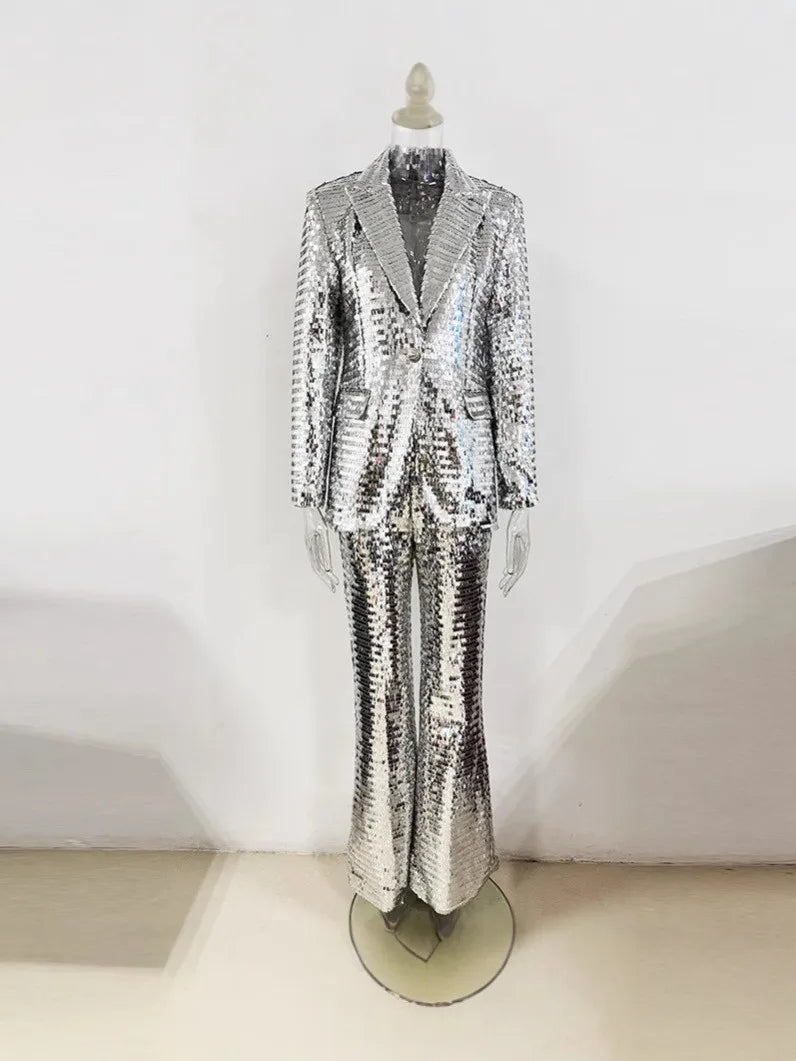 Ensemble tailleur élégant pour femme, collection 2026, avec blazer en maille à sequins et bouton unique, et pantalon – Nouveauté HIGH STREET
