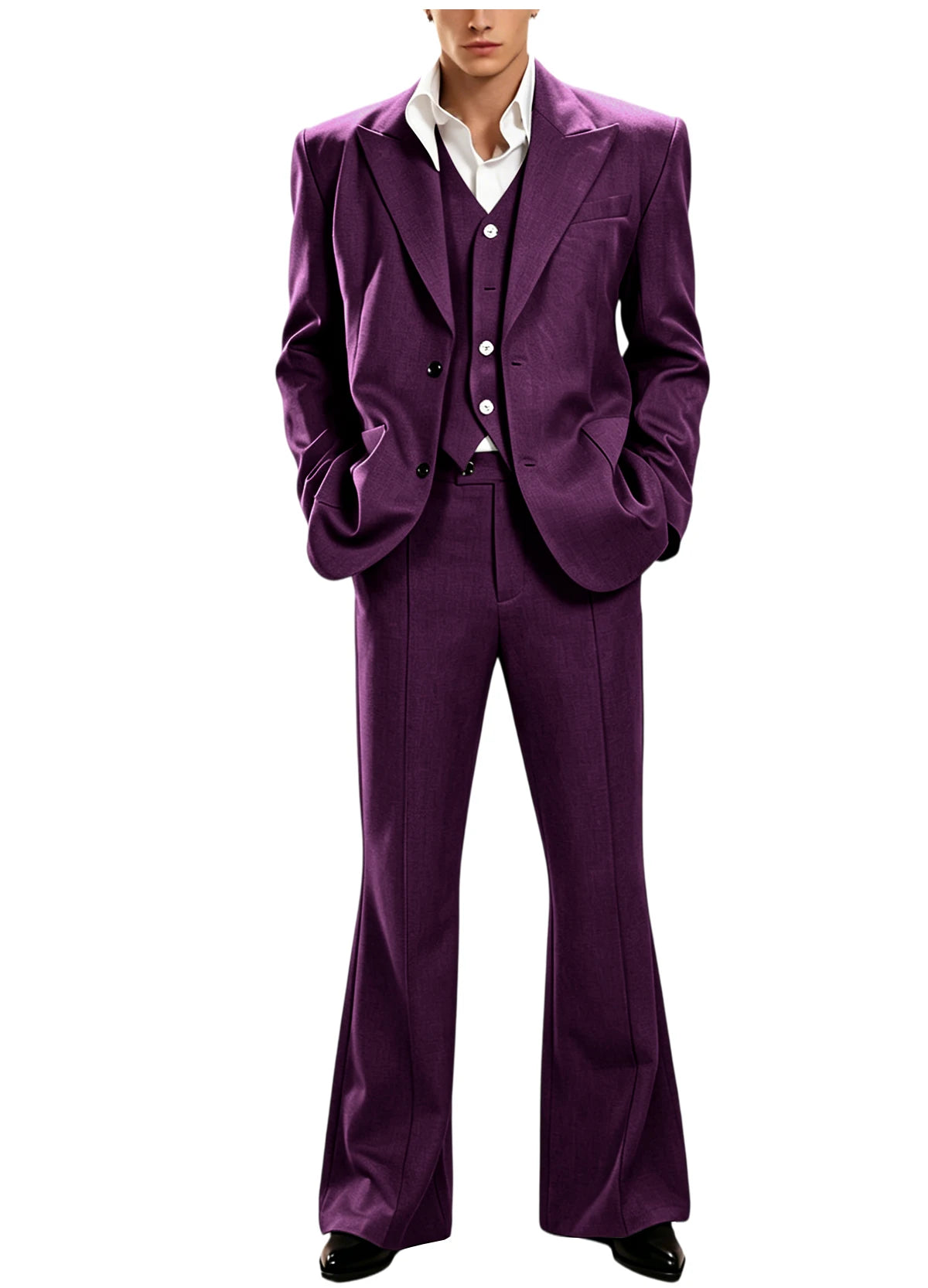 Ensemble de costume 3 pièces vintage pour homme, revers pointu, coupe ajustée, blazer croisé à 2 boutons, gilet et pantalon évasé pour occasions formelles, affaires et mariages