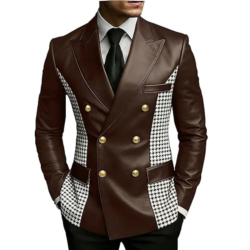 Blazer en cuir marron pour homme avec côtés à motif pied-de-poule, vintage, bicolore, double boutonnage, coupe ajustée, boutons dorés, veste de smoking en cuir