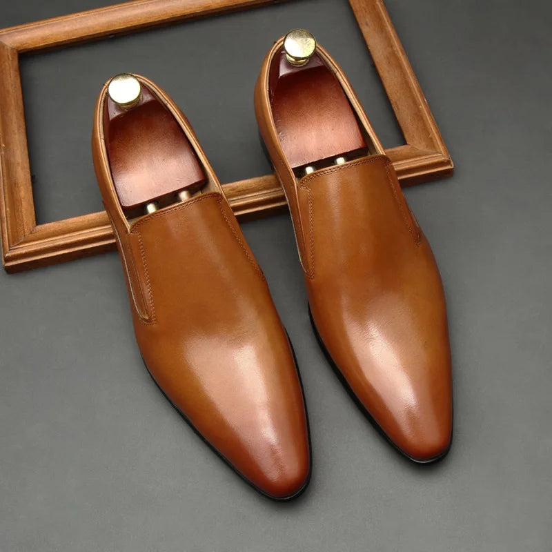 Chaussures à enfiler pour hommes à bout pointu en cuir véritable de vachette, style britannique, décontractées et habillées, première couche de qualité, enveloppantes