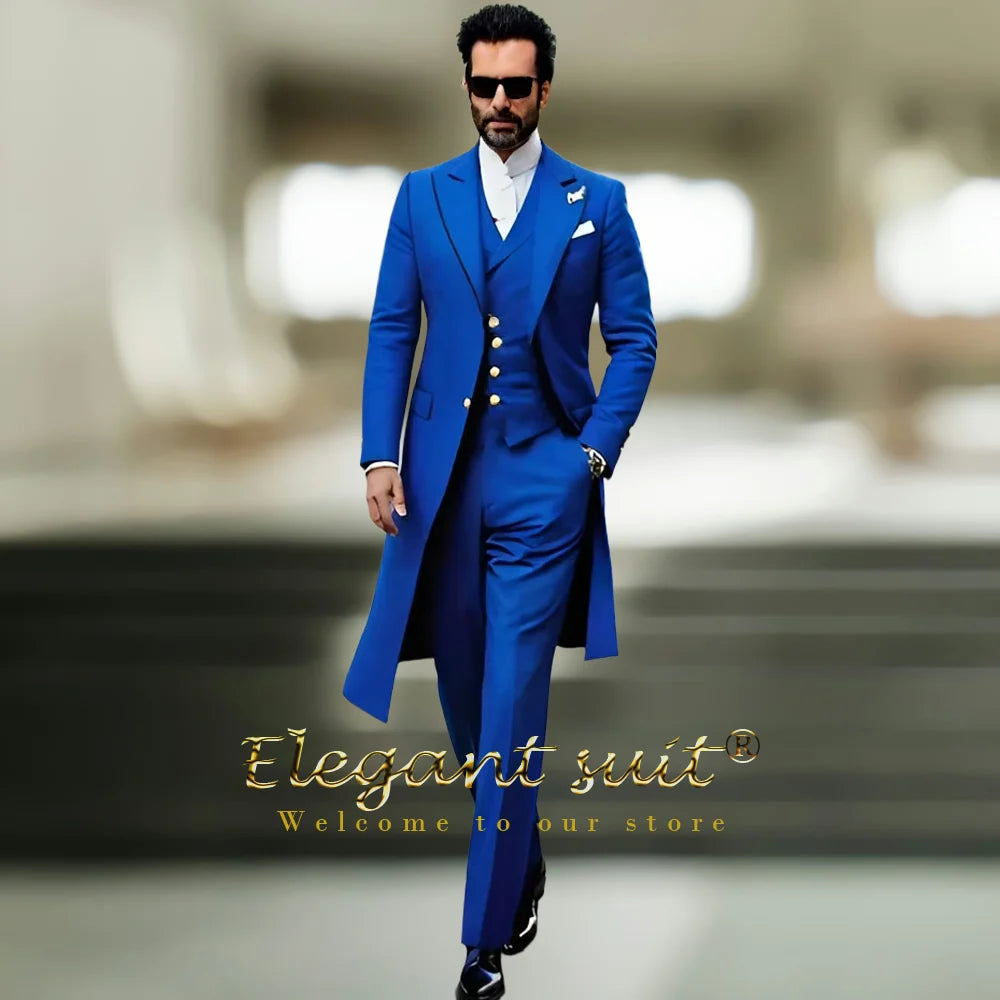 Costume long à revers de pistolet pour hommes, gilet et pantalon, costume 3 pièces, costume ajusté élégant personnalisé pour fête, banquet, célébration, mariage