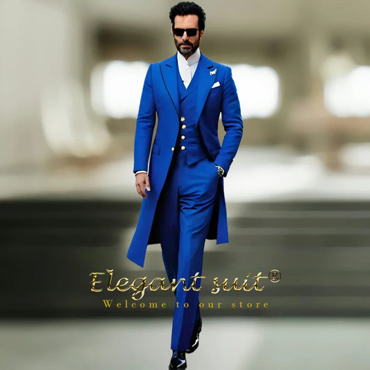 Costume long à revers de pistolet pour hommes, gilet et pantalon, costume 3 pièces, costume ajusté élégant personnalisé pour fête, banquet, célébration, mariage