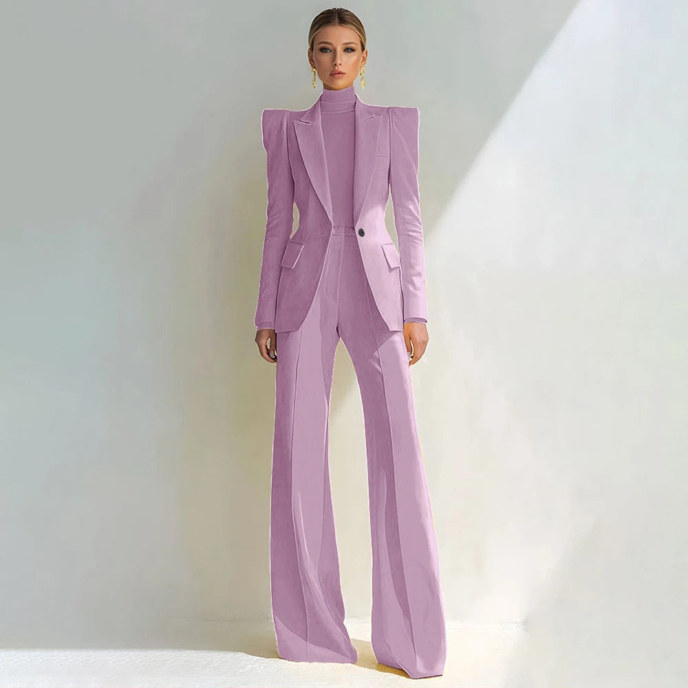 Costume rouge professionnel pour femmes, revers à pointe, bouton unique, Blazer élégant et pantalon évasé, ensemble 2 pièces, vêtements de bureau formels