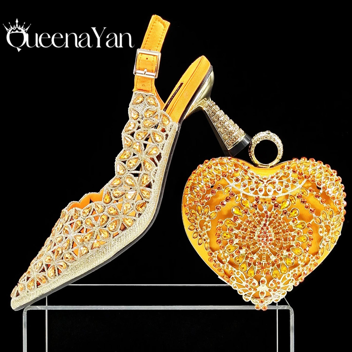 QSGFC nouveau INS mode Style strass découpe talons de fête bout pointu Orange femmes chaussures et sacs à talons