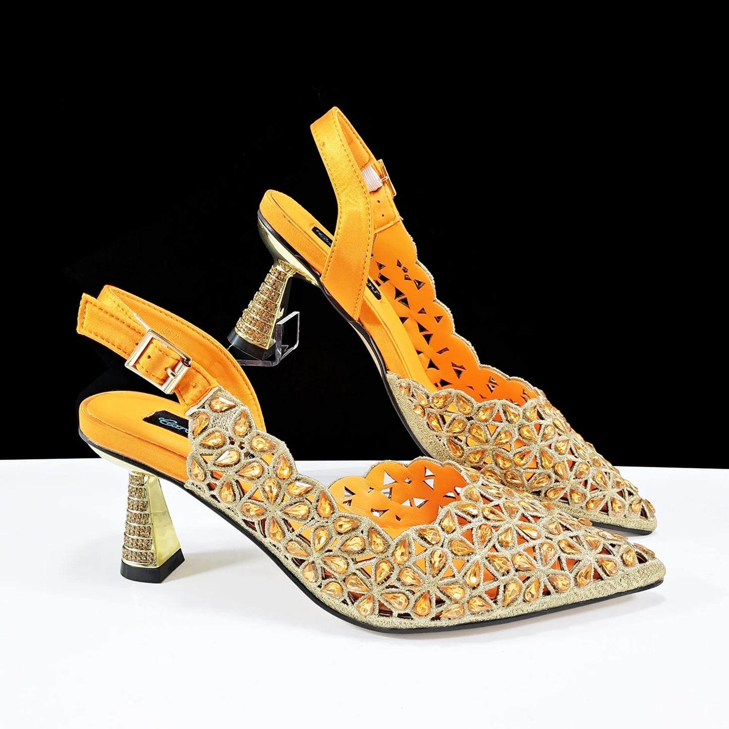 QSGFC nouveau INS mode Style strass découpe talons de fête bout pointu Orange femmes chaussures et sacs à talons