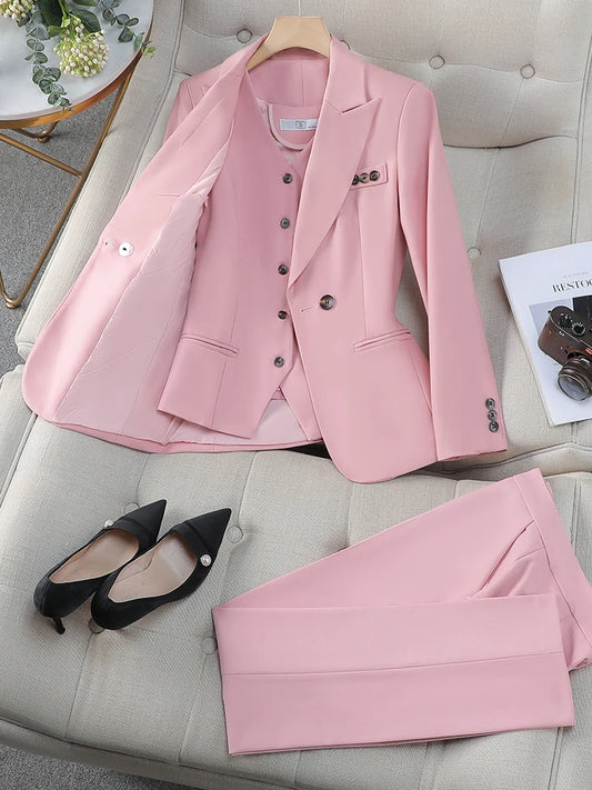 Ensemble blazer et pantalon pour femme, tenue de travail, de carrière, formel, rose, bleu, abricot, 3 pièces