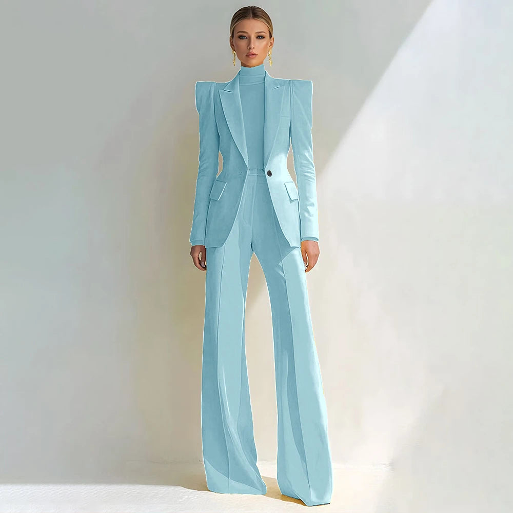 Costume rouge professionnel pour femmes, revers à pointe, bouton unique, Blazer élégant et pantalon évasé, ensemble 2 pièces, vêtements de bureau formels