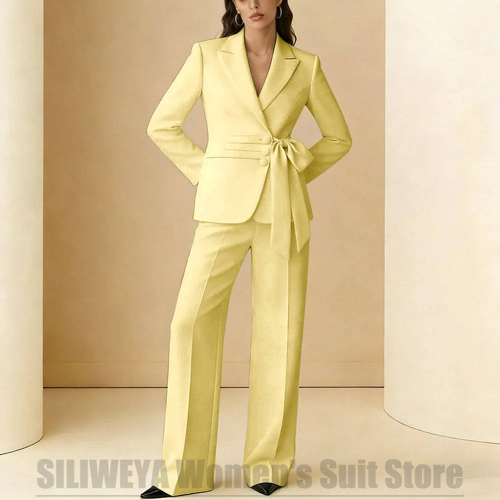 Costume 2 pièces pour femmes, Design avec ceinture à nœud, tenue formelle pour fête de mariage, bal de promo, bureau, mode, revers, costumes quotidiens décontractés pour dames