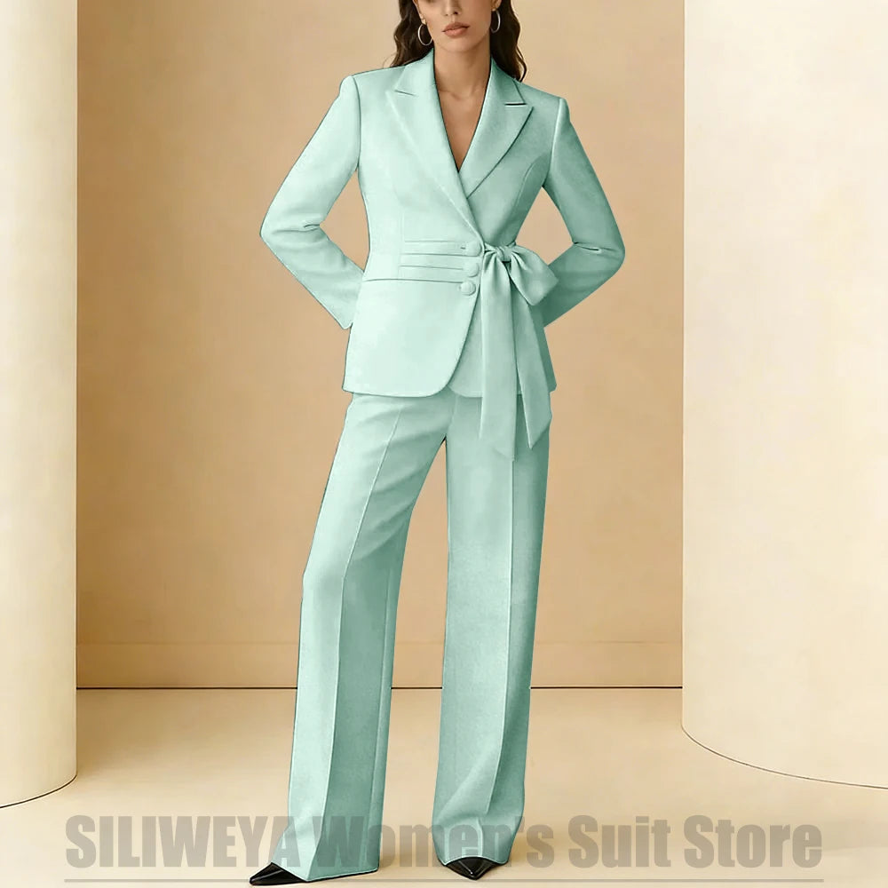 Costume 2 pièces pour femmes, Design avec ceinture à nœud, tenue formelle pour fête de mariage, bal de promo, bureau, mode, revers, costumes quotidiens décontractés pour dames