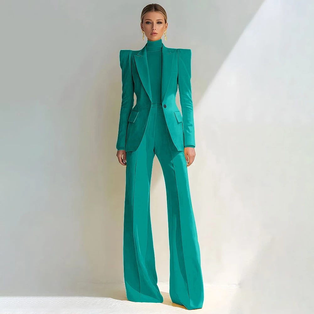 Costume rouge professionnel pour femmes, revers à pointe, bouton unique, Blazer élégant et pantalon évasé, ensemble 2 pièces, vêtements de bureau formels