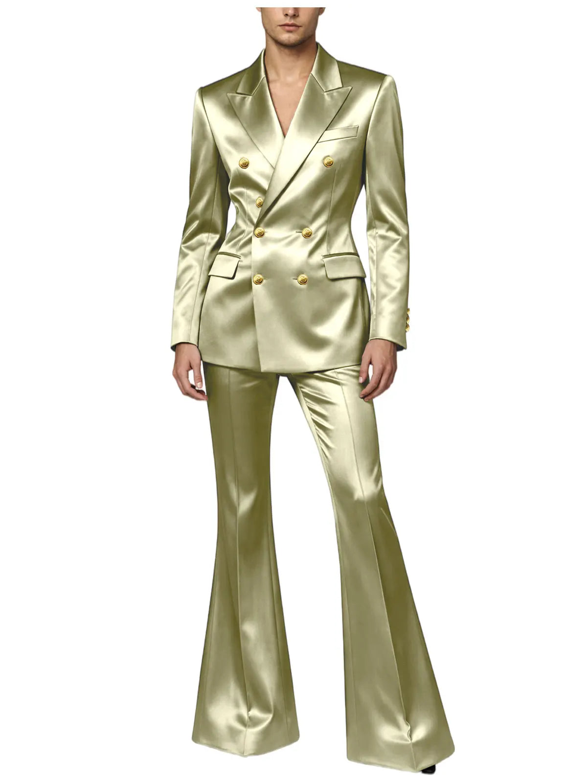 Ensemble de costume satiné croisé pour homme, 2 pièces, revers cranté, blazer à boutons dorés, pantalon évasé, tenue formelle pour mariage, bal de promo, soirée, ou marié