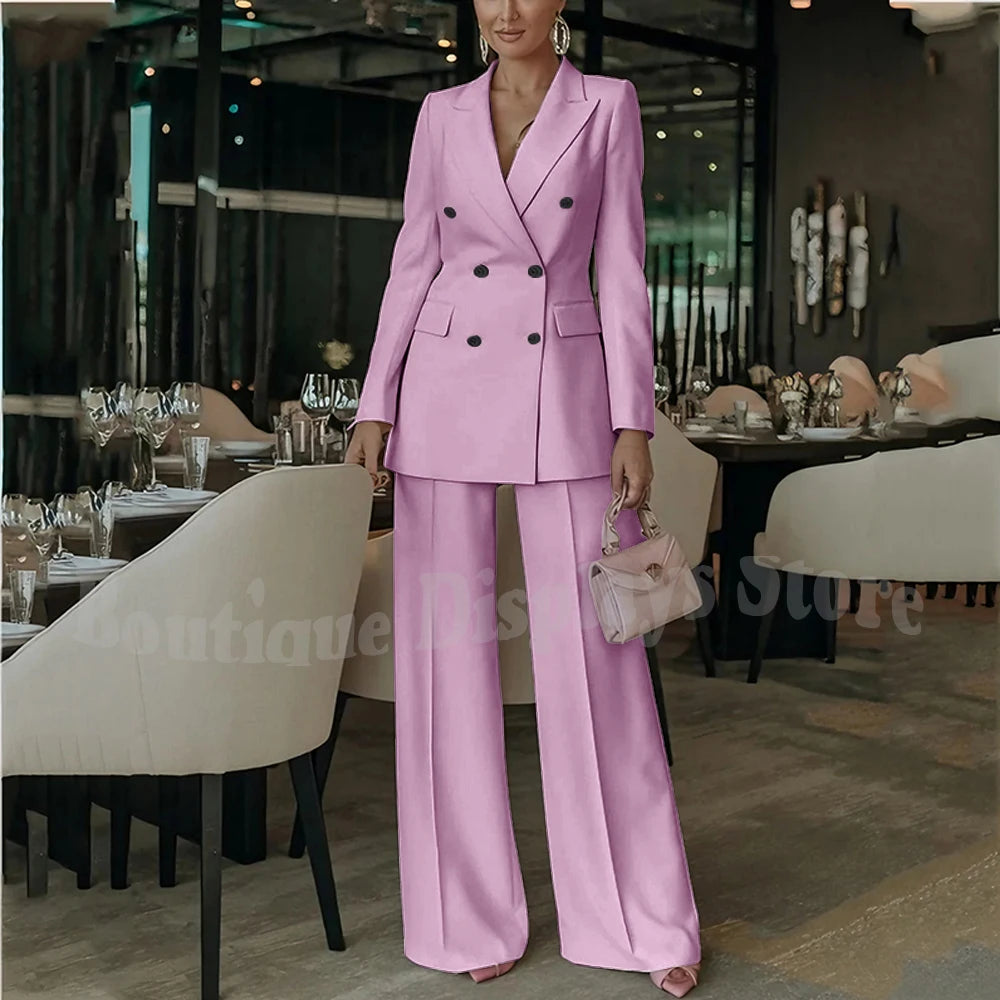 Costume rose clair pour femmes, tenue élégante, Double boutonnage, revers à pointe, droit, bureau d'affaires, ensemble formel deux pièces