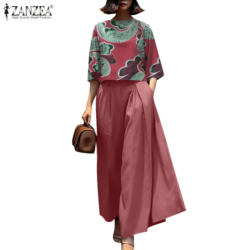 Mode été 3/4 manches Blouse pantalon costumes ZANZEA élégant femmes pantalons à jambes larges ensembles 2 pièces tenues décontractées travail OL survêtement