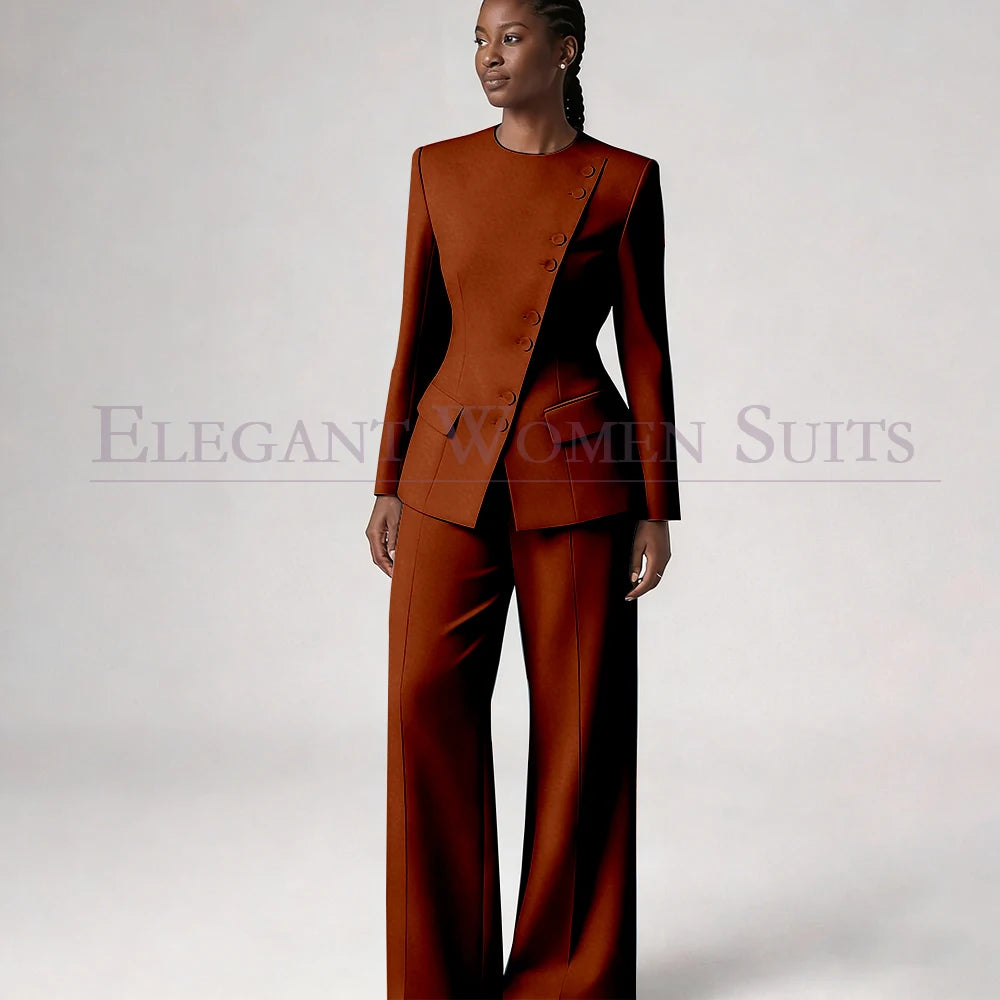 Costume de mode pour femme, blazer à simple boutonnage, col rond, longueur standard, ensemble 2 pièces veste et pantalon, tenue formelle de luxe
