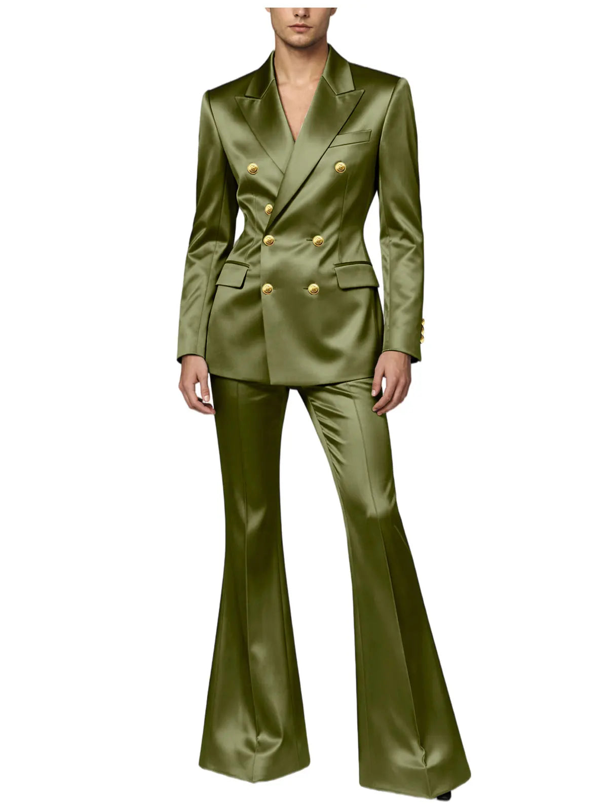 Ensemble de costume satiné croisé pour homme, 2 pièces, revers cranté, blazer à boutons dorés, pantalon évasé, tenue formelle pour mariage, bal de promo, soirée, ou marié
