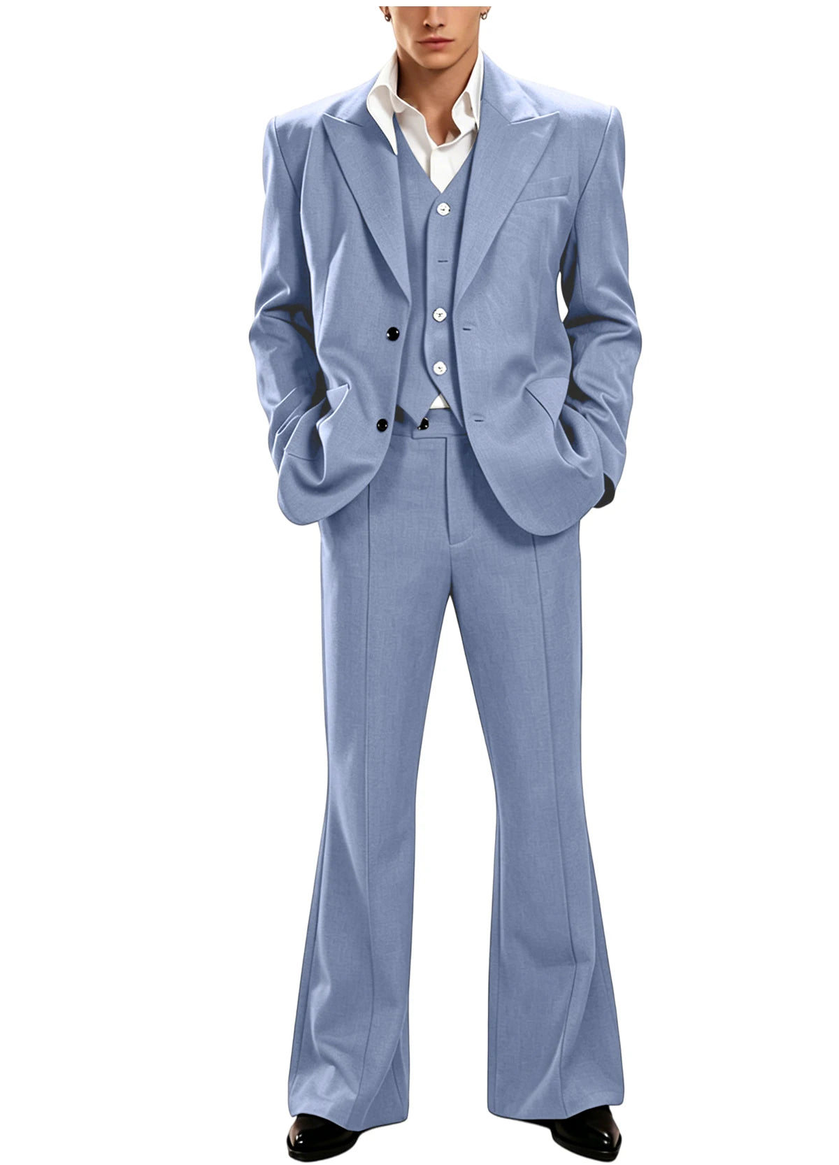 Ensemble de costume 3 pièces vintage pour homme, revers pointu, coupe ajustée, blazer croisé à 2 boutons, gilet et pantalon évasé pour occasions formelles, affaires et mariages