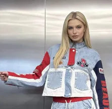 Ensemble décontracté tendance européenne pour femme, nouvelle collection printemps 2026, avec haut à manches longues en denim brodé de lettres et pantalon à taille élastique