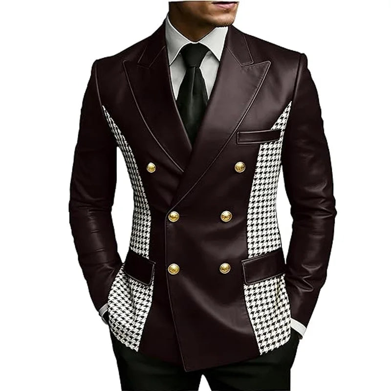 Blazer en cuir marron pour homme avec côtés à motif pied-de-poule, vintage, bicolore, double boutonnage, coupe ajustée, boutons dorés, veste de smoking en cuir