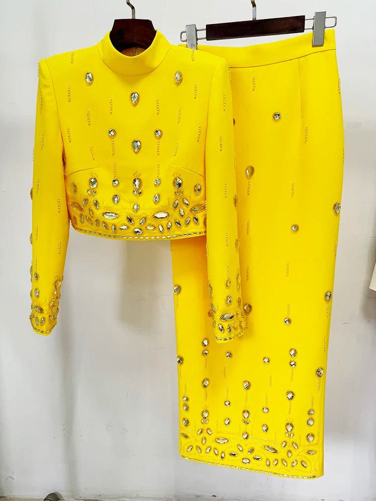 HIGH STREET Nouvelle Collection 2026 Ensemble de Créateur de Défilé de Mode pour Femme, Haut court à col montant et fermeture éclair au dos, et Jupe longue, 2 pièces