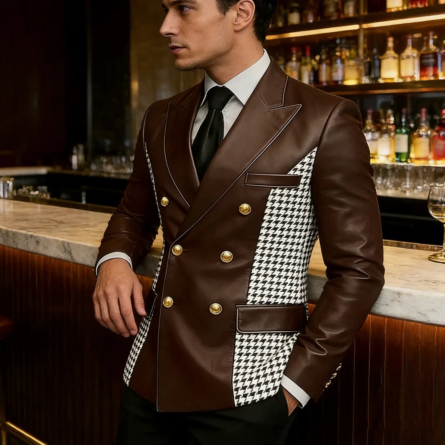 Blazer en cuir marron pour homme avec côtés à motif pied-de-poule, vintage, bicolore, double boutonnage, coupe ajustée, boutons dorés, veste de smoking en cuir