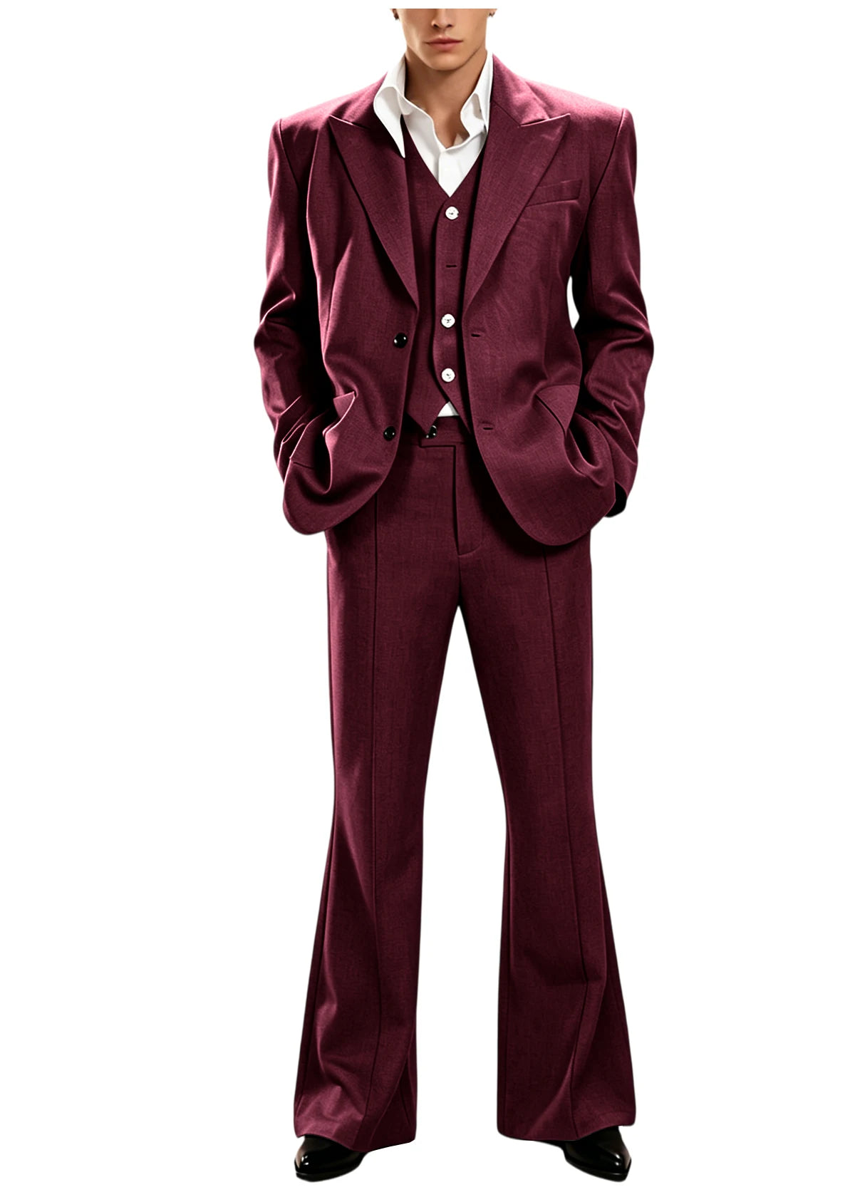 Ensemble de costume 3 pièces vintage pour homme, revers pointu, coupe ajustée, blazer croisé à 2 boutons, gilet et pantalon évasé pour occasions formelles, affaires et mariages