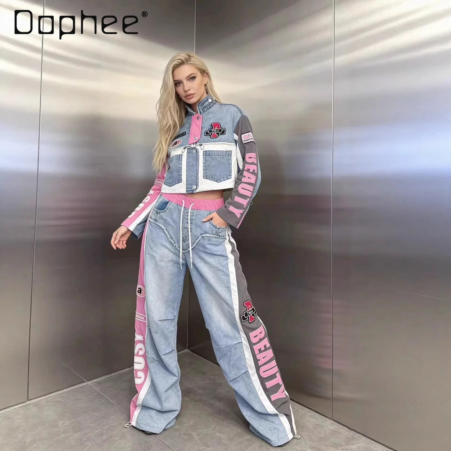 Ensemble décontracté tendance européenne pour femme, nouvelle collection printemps 2026, avec haut à manches longues en denim brodé de lettres et pantalon à taille élastique