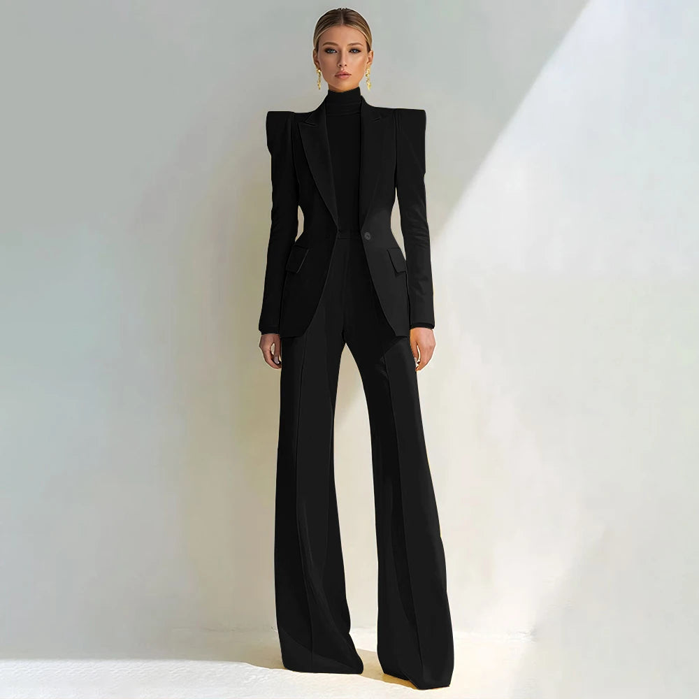 Costume rouge professionnel pour femmes, revers à pointe, bouton unique, Blazer élégant et pantalon évasé, ensemble 2 pièces, vêtements de bureau formels
