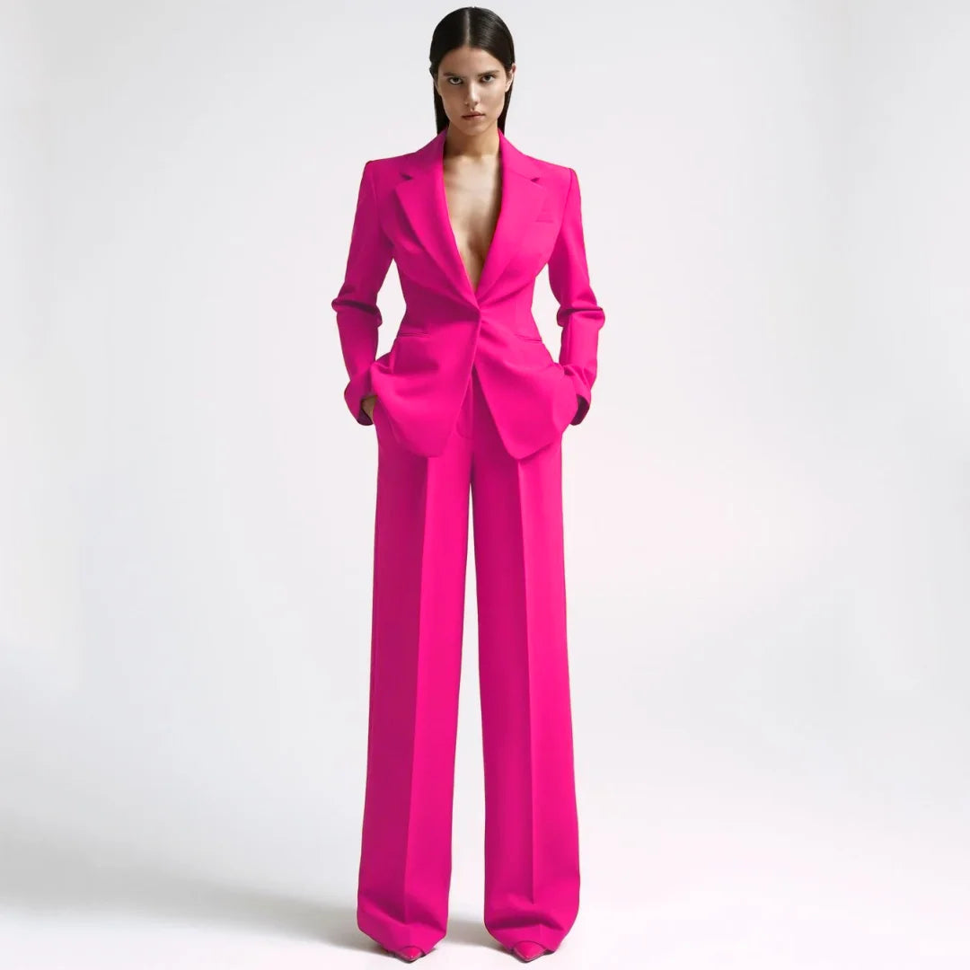 Costume 2 pièces rouge avec revers pour femmes, bouton unique, pour fête de mariage, travail d'affaires, trajet quotidien, Shopping décontracté, Blazer et pantalon