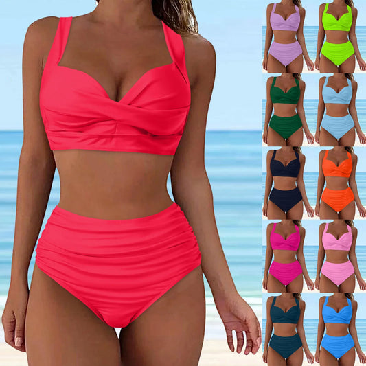 Maillot de bain bikini deux pièces pour femme, taille haute, push-up, sexy, solide, document, ensemble, 2024