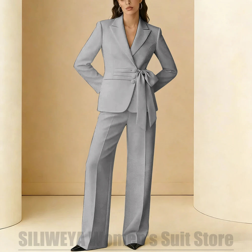 Costume 2 pièces pour femmes, Design avec ceinture à nœud, tenue formelle pour fête de mariage, bal de promo, bureau, mode, revers, costumes quotidiens décontractés pour dames