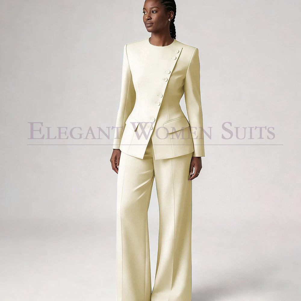 Costume de mode pour femme, blazer à simple boutonnage, col rond, longueur standard, ensemble 2 pièces veste et pantalon, tenue formelle de luxe