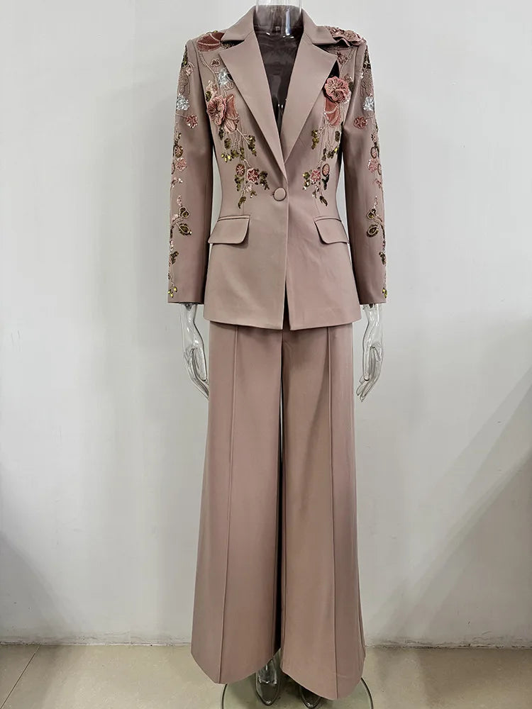 HIGH STREET – ensemble de costume de défilé de styliste pour femmes, Blazer perlé à fleurs 3D, pantalon à jambes larges, nouvelle collection