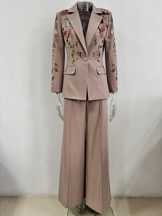 HIGH STREET – ensemble de costume de défilé de styliste pour femmes, Blazer perlé à fleurs 3D, pantalon à jambes larges, nouvelle collection