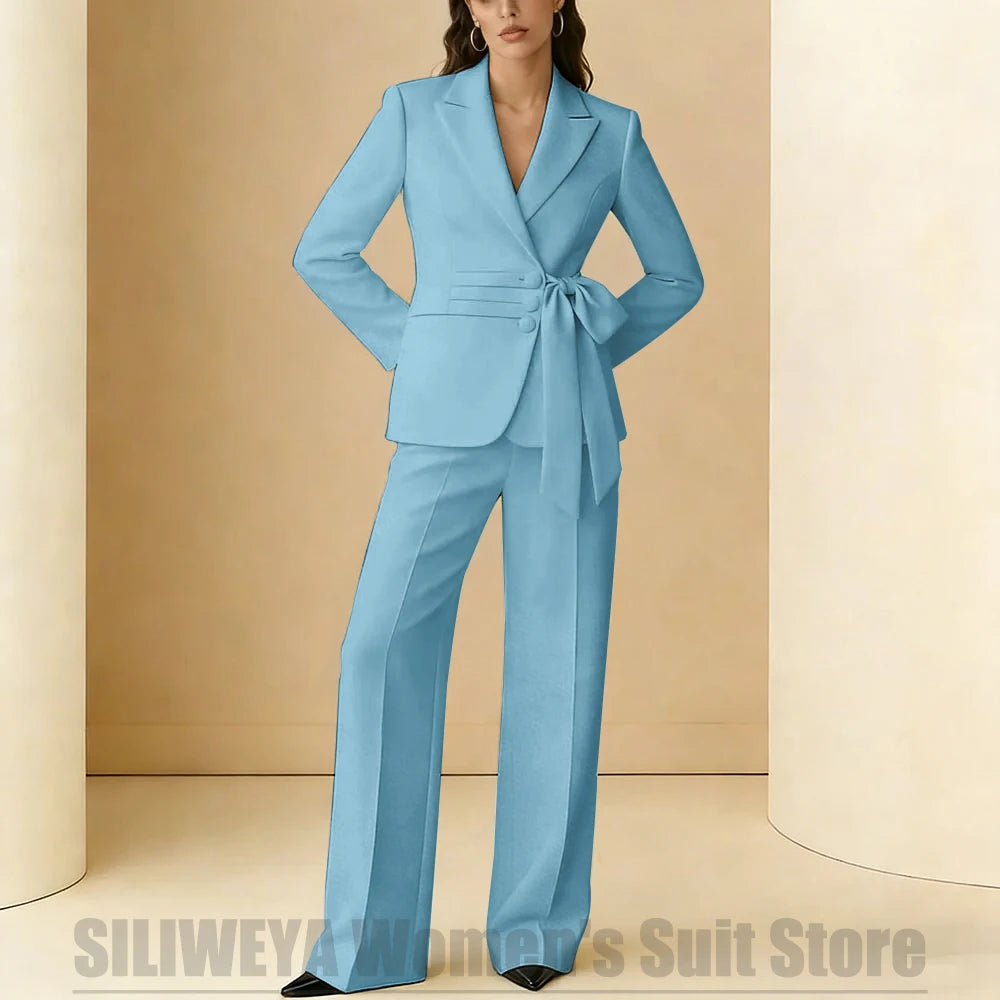 Costume 2 pièces pour femmes, Design avec ceinture à nœud, tenue formelle pour fête de mariage, bal de promo, bureau, mode, revers, costumes quotidiens décontractés pour dames