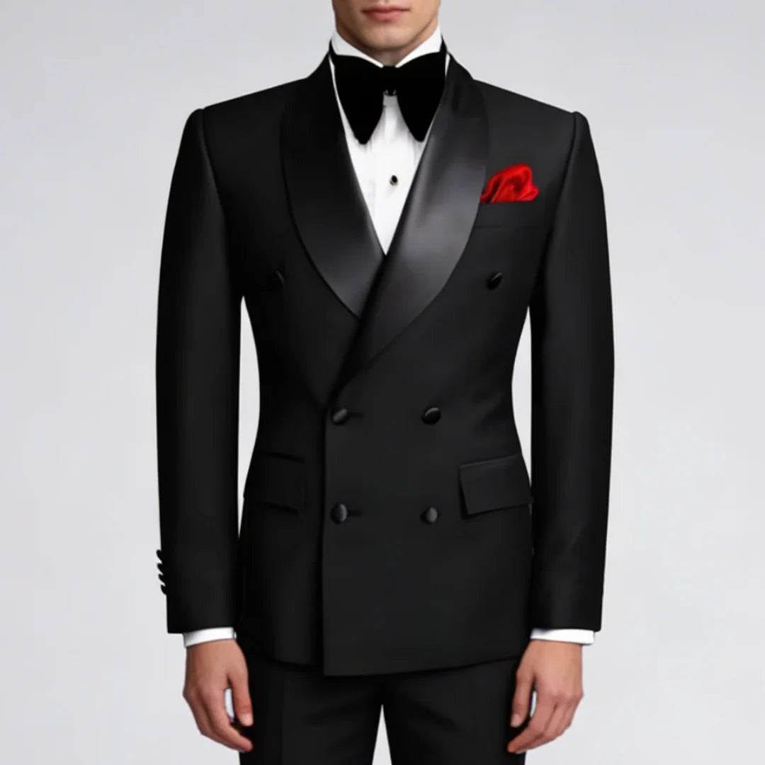 Veste et pantalon noirs trempés à double bouton pour hommes, revers noir, mariage, marié, affaires, anniversaire, banquet, travail, 2 pièces