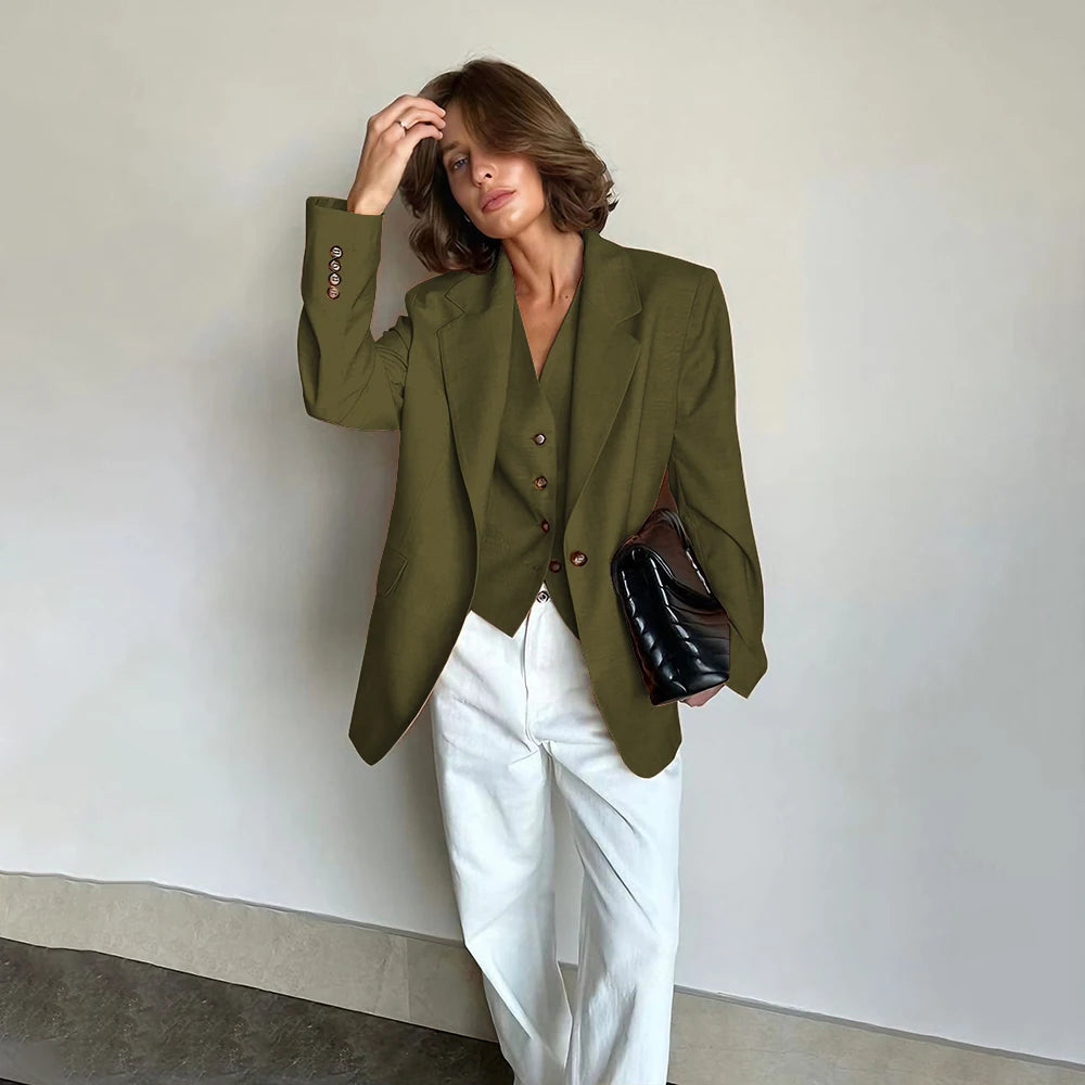 Slim Fit Women's Suits Linen Three Pieces Pant Sets High-end Single Button Notch Lapel Blazer Elegant Daily Business Office Wear