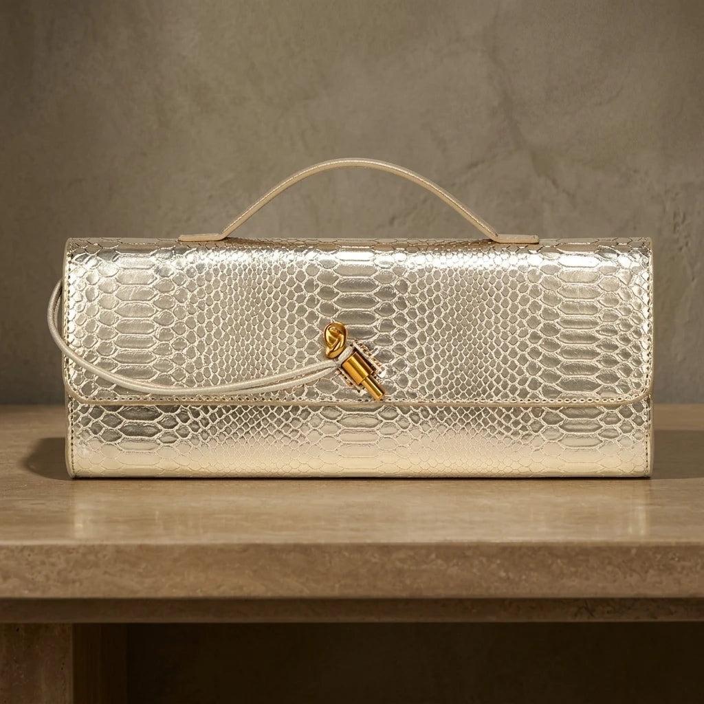 Sac bandoulière en similicuir croco doré métallisé pour femme, élégant sac à poignée supérieure, pochette de soirée avec fermoir