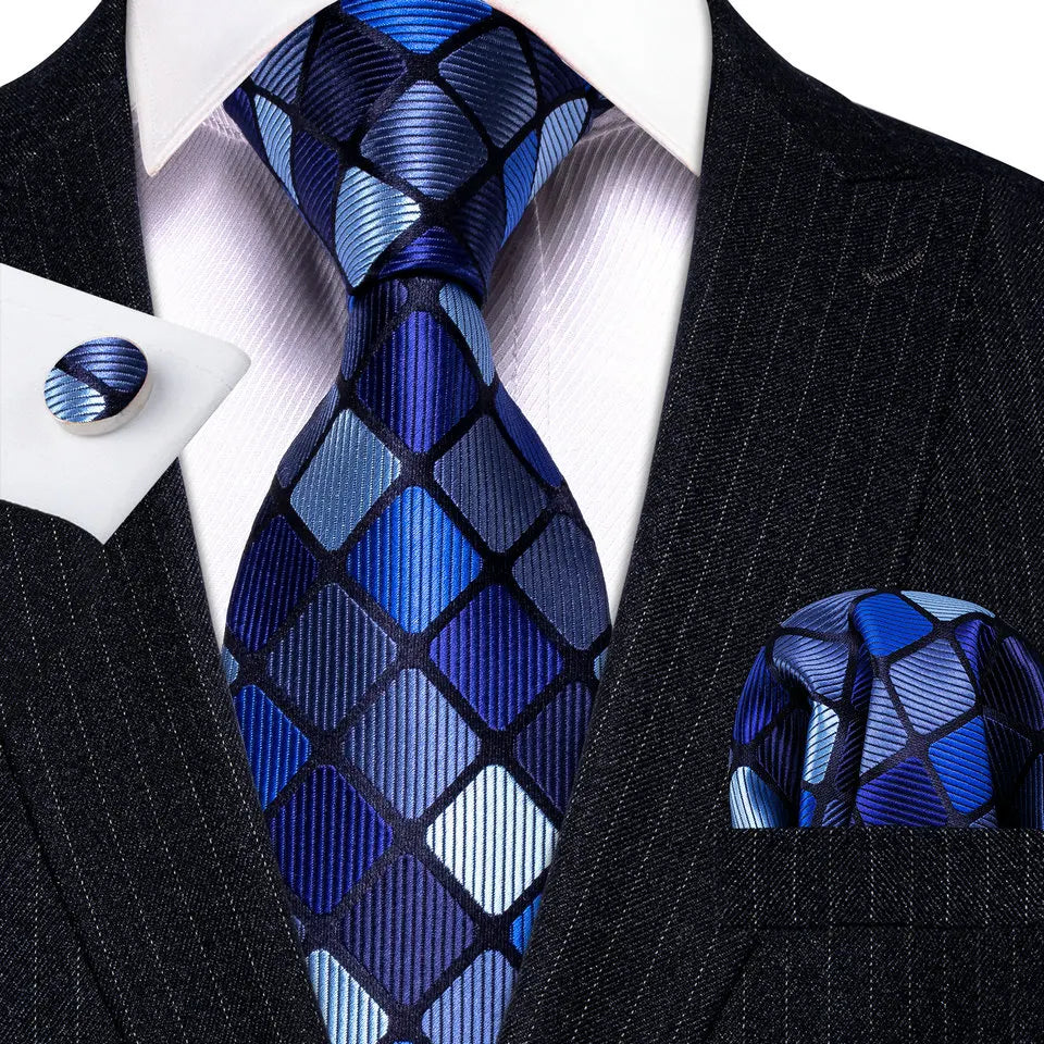 Hommes cravate or bleu marine rayé soie cravate Barry.Wang 3.4 "Jacquard fête mariage tissé créateurs de mode cravate pour hommes d'affaires
