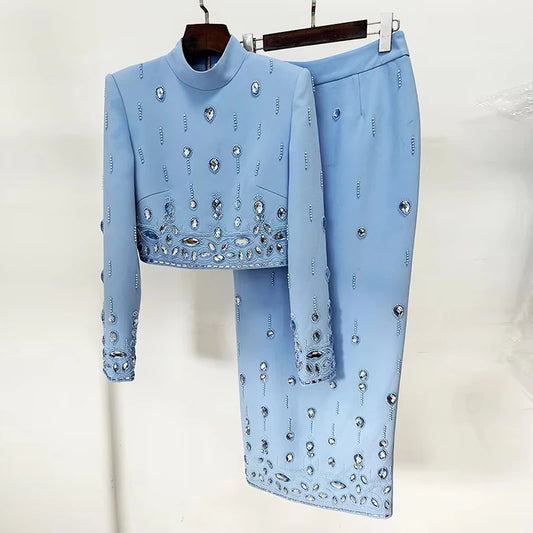 HIGH STREET Nouvelle Collection 2026 Ensemble de Créateur de Défilé de Mode pour Femme, Haut court à col montant et fermeture éclair au dos, et Jupe longue, 2 pièces