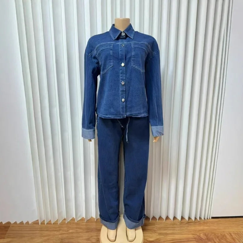 Ensemble 2 Pièces Femme : Veste en Jean et Pantalon Droit, Style Vintage Délavé, Tenue Streetwear à Lacets, Printemps 2026