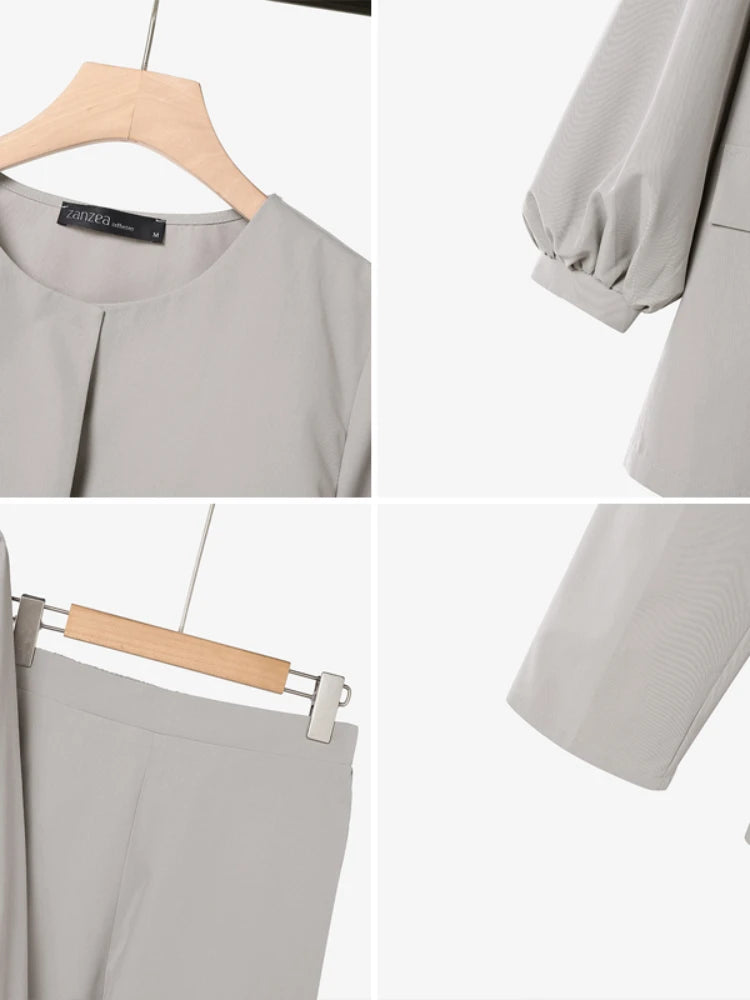 Femmes mode 2 pièces pantalon ensembles élégant col rond lanterne manches vêtements d'extérieur et crayon pantalon costumes ZANZEA printemps 2026 femme tenues