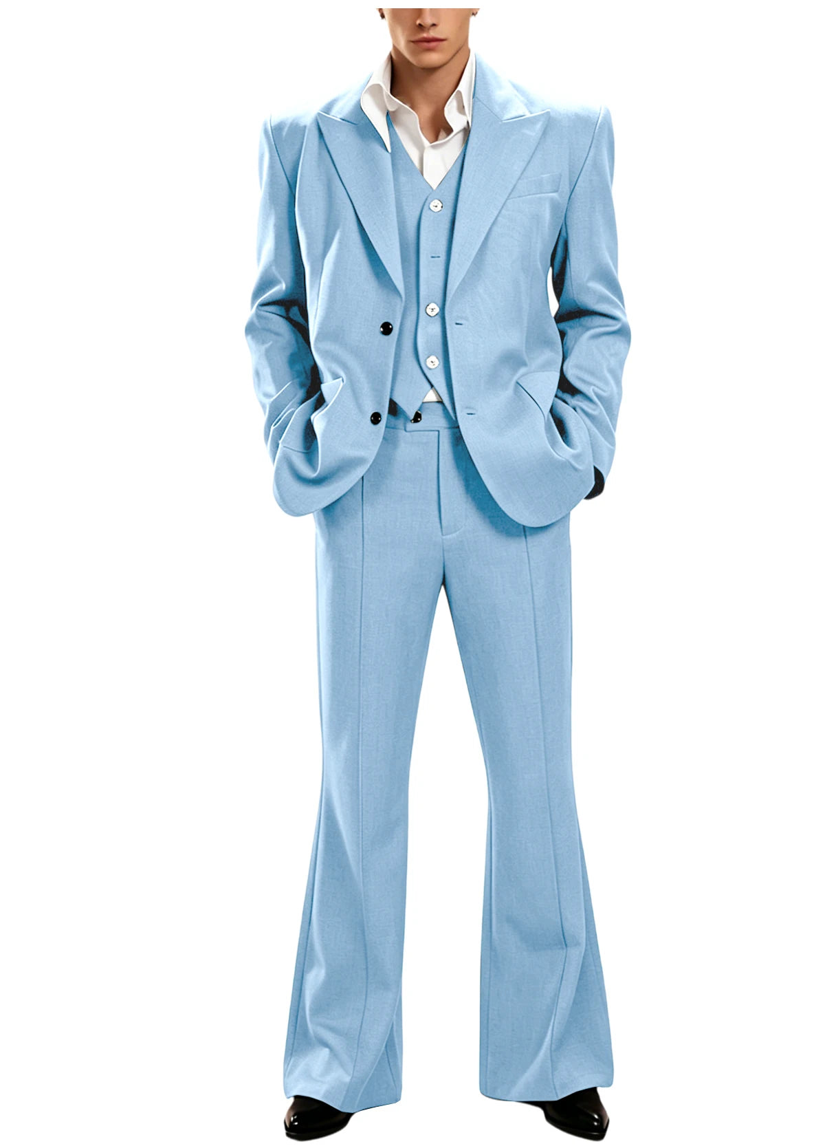 Ensemble de costume 3 pièces vintage pour homme, revers pointu, coupe ajustée, blazer croisé à 2 boutons, gilet et pantalon évasé pour occasions formelles, affaires et mariages