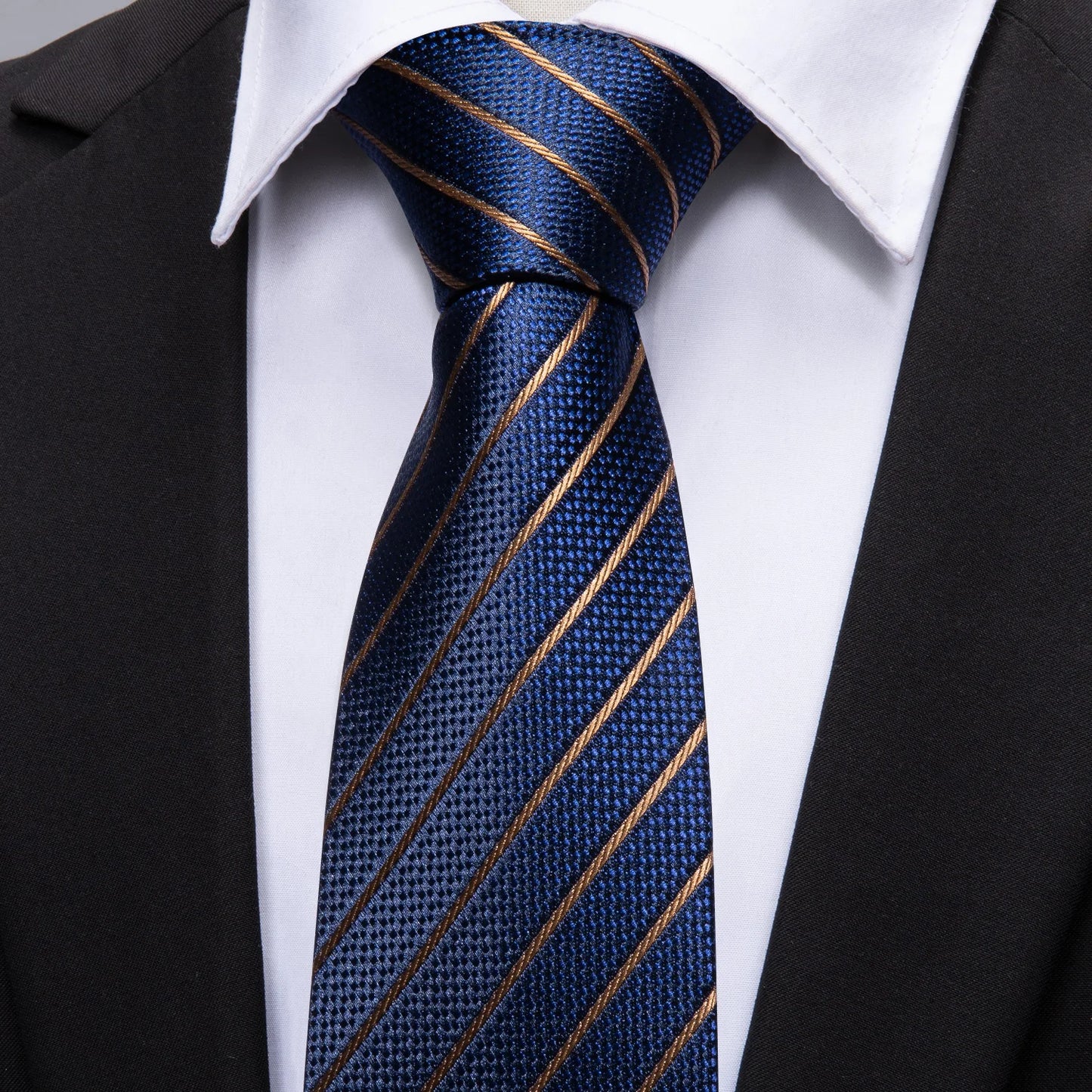 Hommes cravate or bleu marine rayé soie cravate Barry.Wang 3.4 "Jacquard fête mariage tissé créateurs de mode cravate pour hommes d'affaires