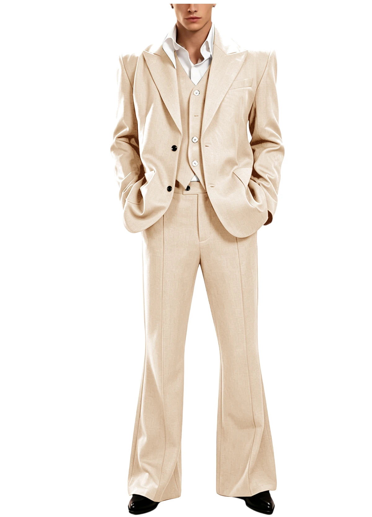 Ensemble de costume 3 pièces vintage pour homme, revers pointu, coupe ajustée, blazer croisé à 2 boutons, gilet et pantalon évasé pour occasions formelles, affaires et mariages